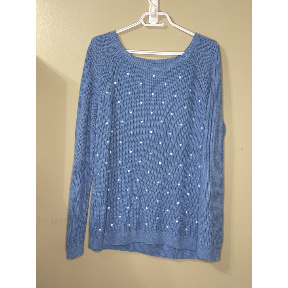 ELLE Coastal Light Blue Polka Dot Cotton Knit Raglan Sweater Top Medium